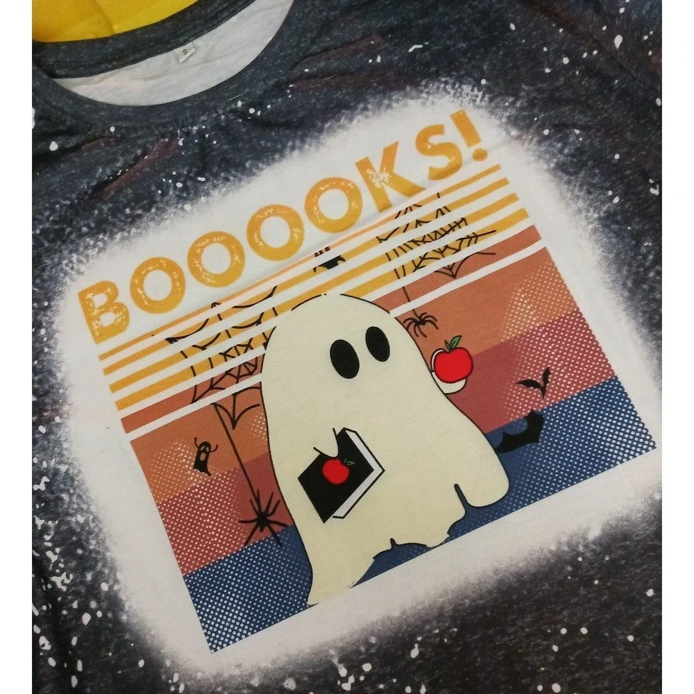 NEW Women's‎ Halloween Ghost Booooks Splattered Oversized Tee, Small, Librarian